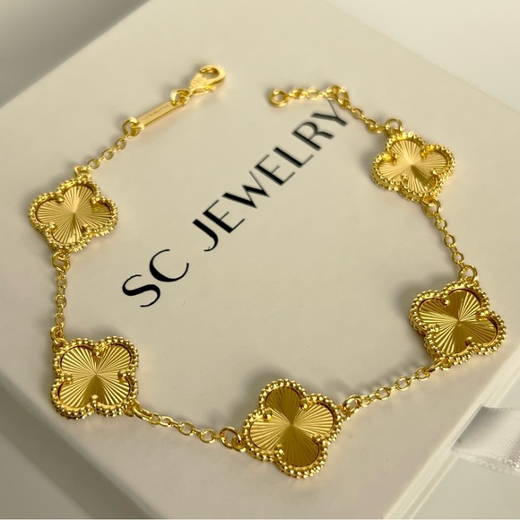 Gold Clover Bracelet 5 Motif Four Leaf Luxury Jewelry - Picture 1 of 10